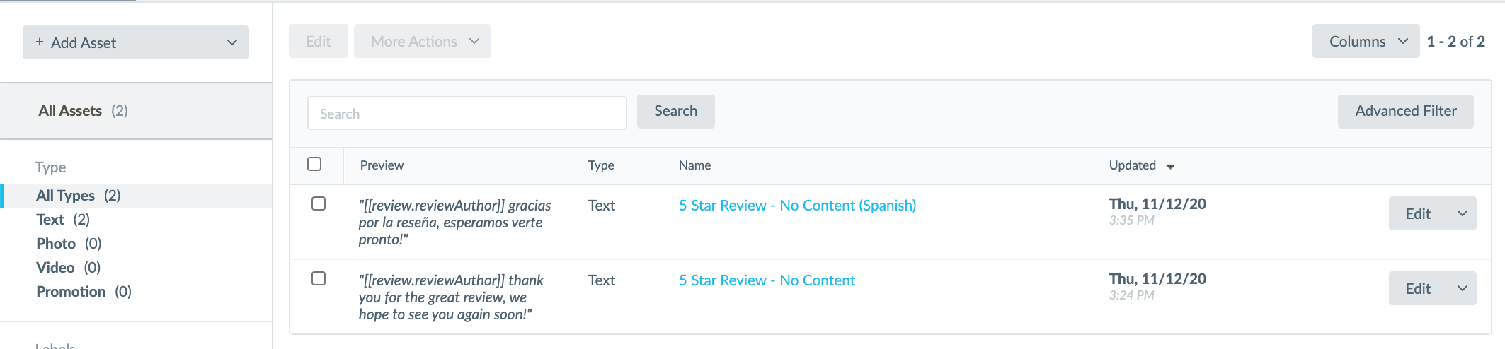 Multi-language Review Response Assets