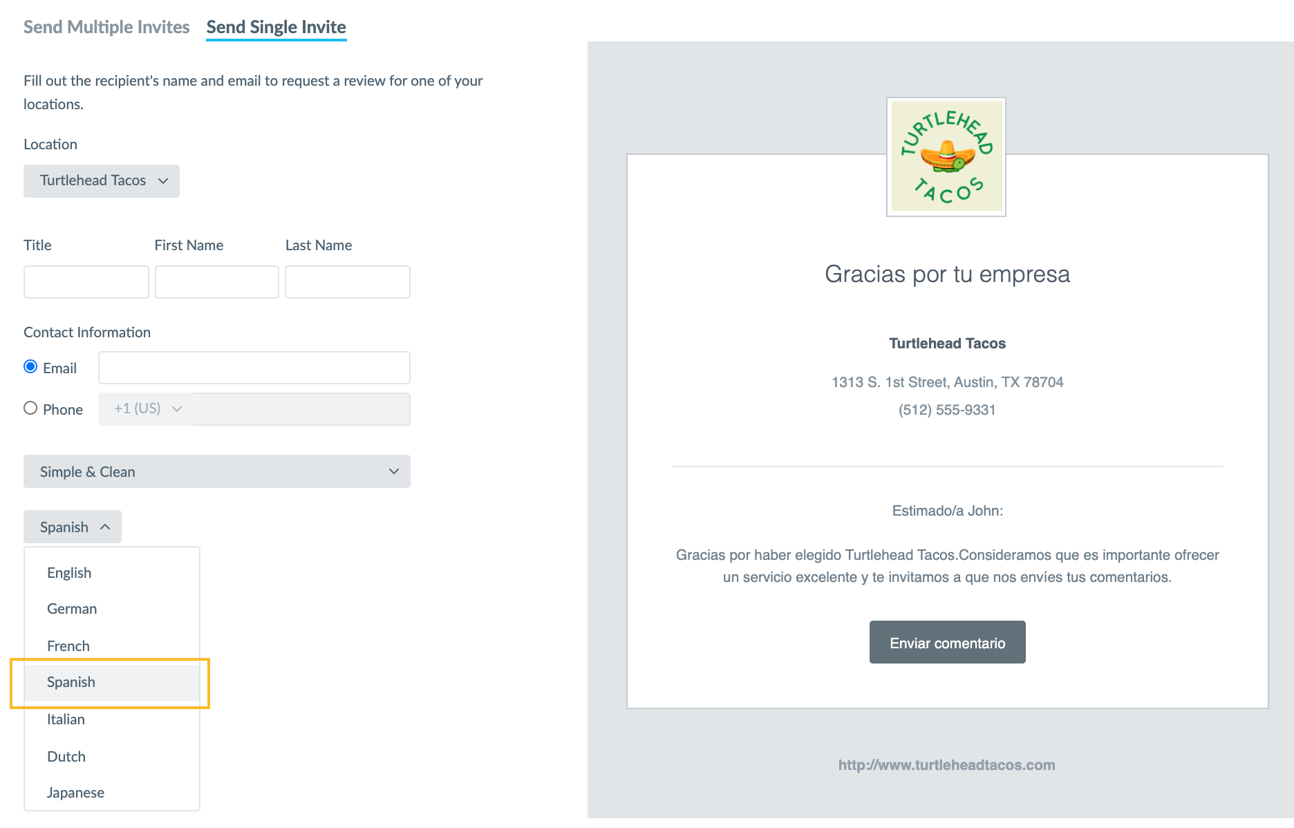 Spanish Review Generation Email