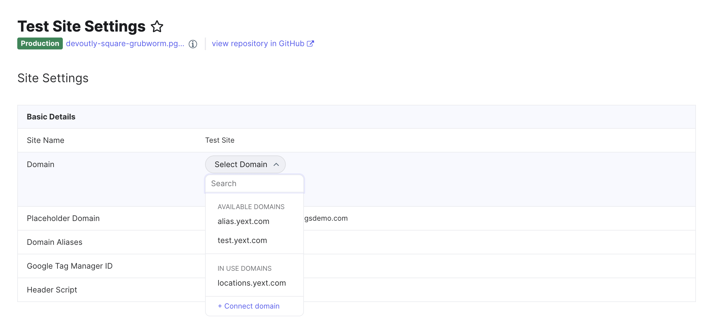 domains list under site configuration