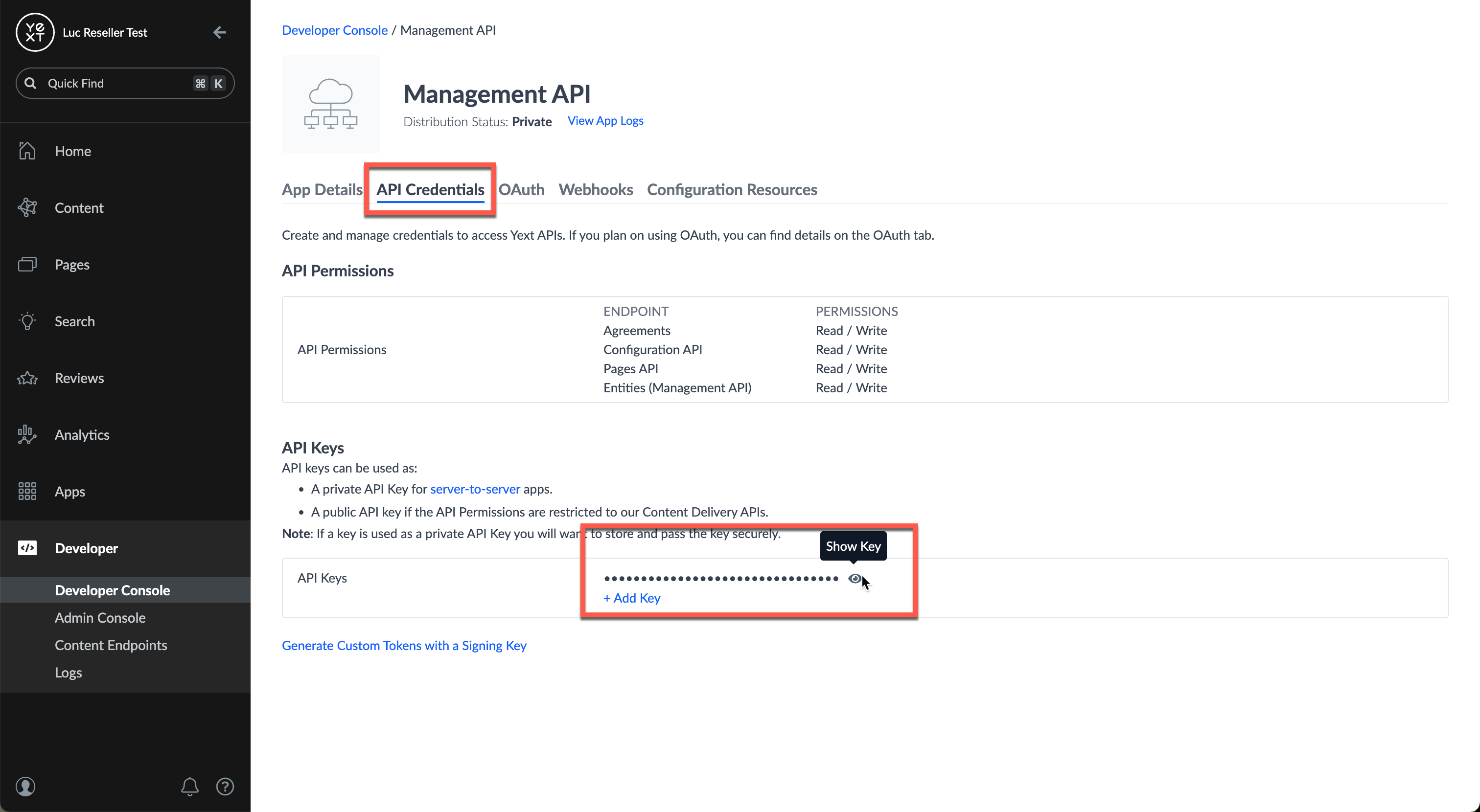 dev console API key