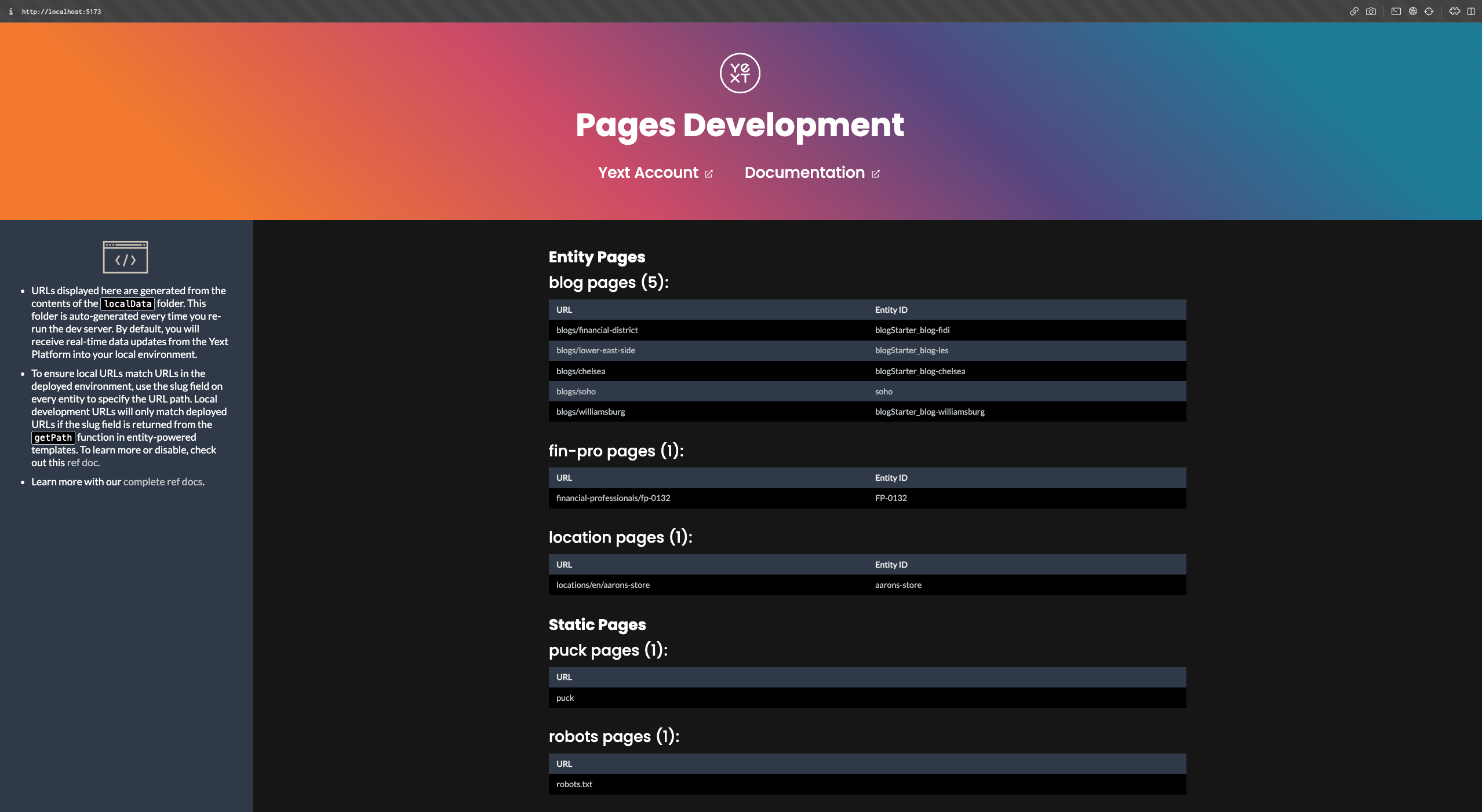 Pages Development Page