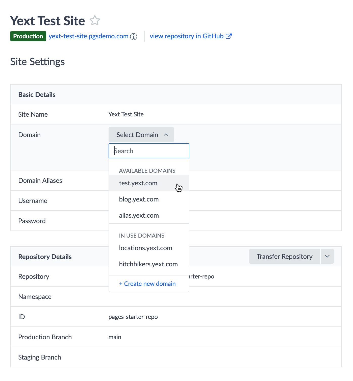 domains list under site settings