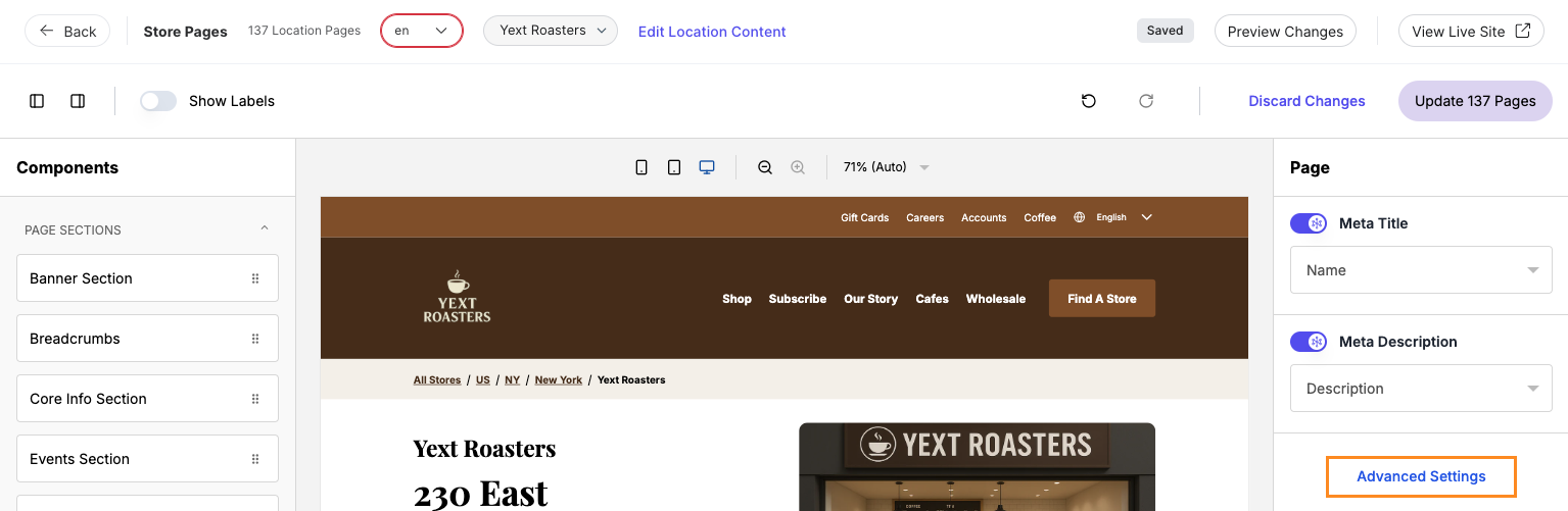 visual editor with "Advanced Settings" link highlighted