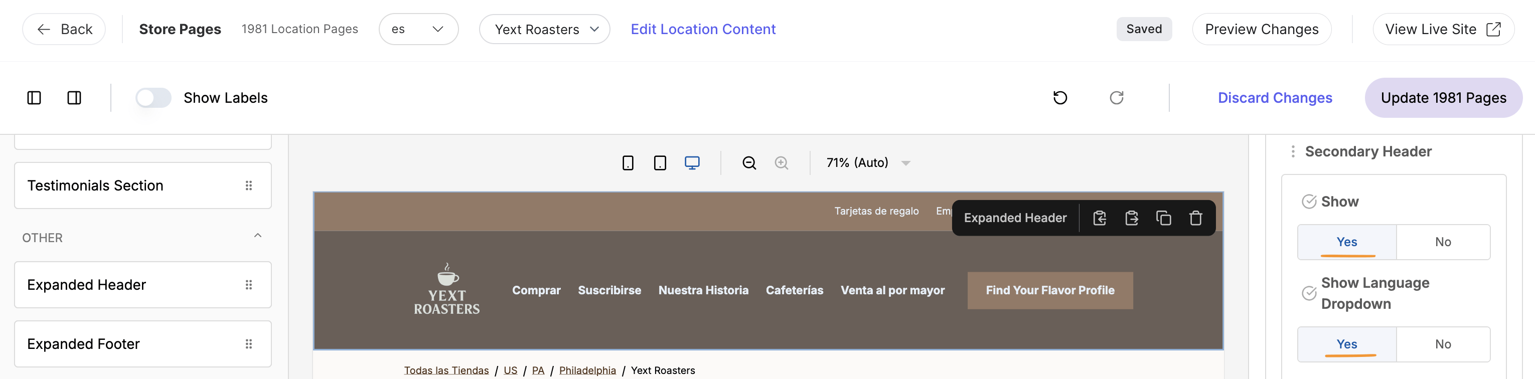 header component with language dropdown set to yes