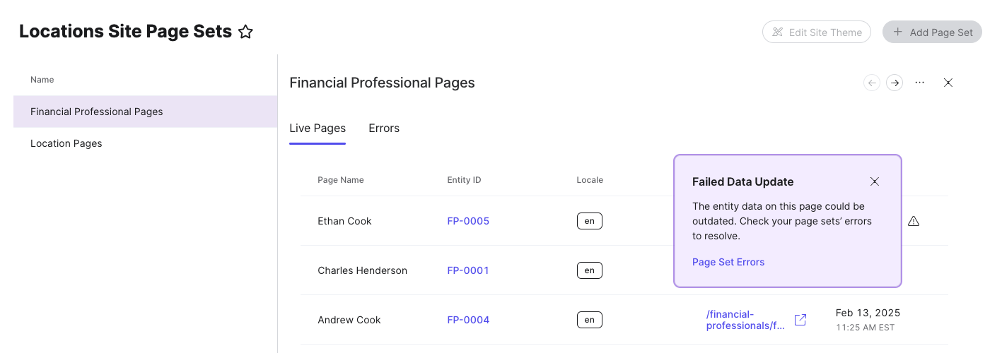 live pages failed data update