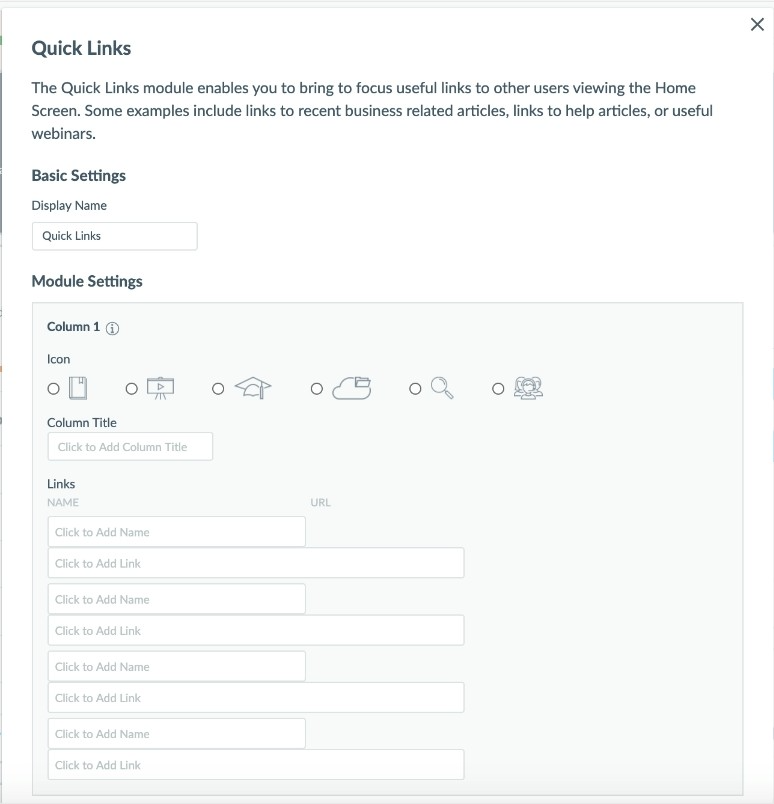 Add display text, URLs, and icons to the Quick Links module