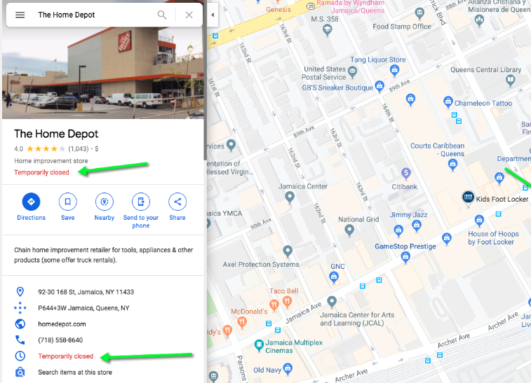 Temporarily closed flag on Google Maps listing