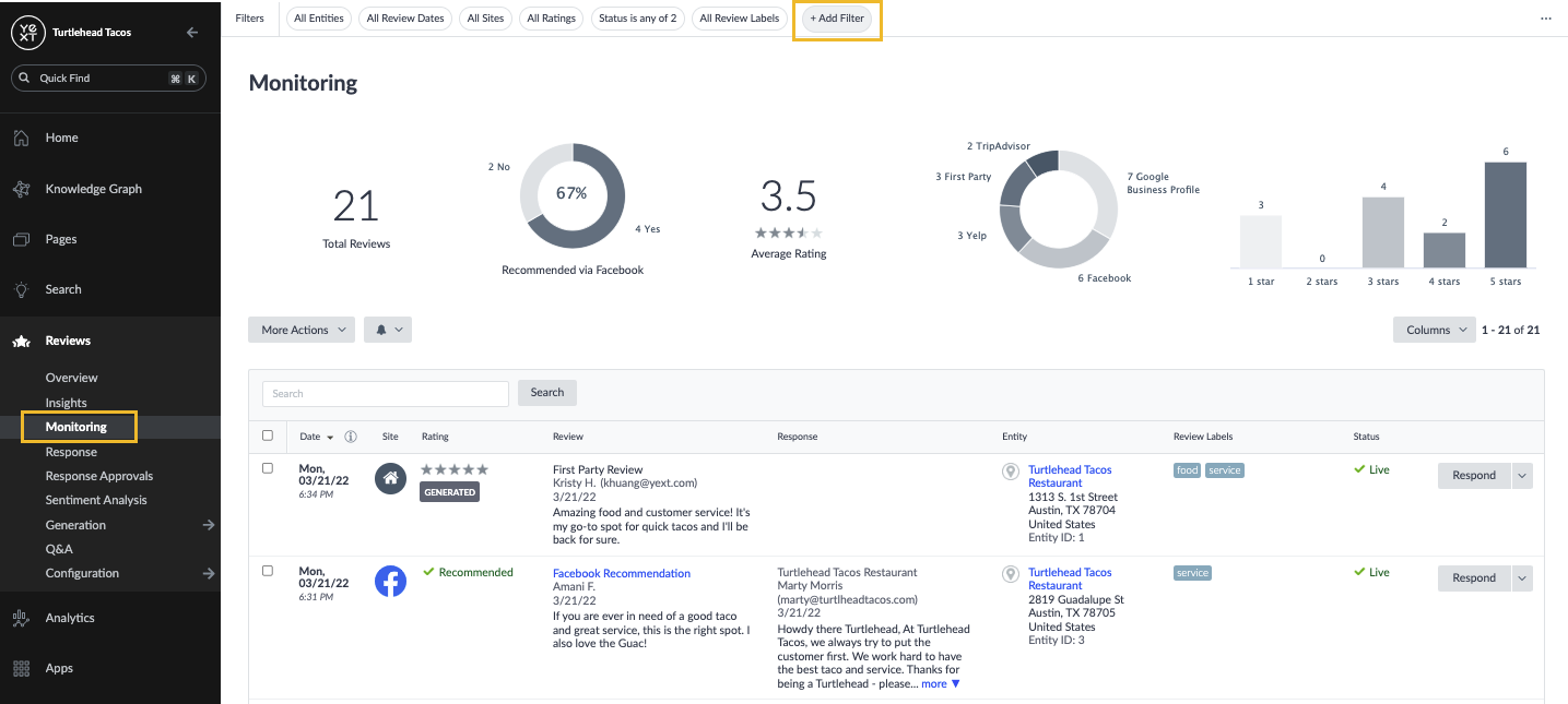 Click Add Filter to reveal the review monitoring filter options