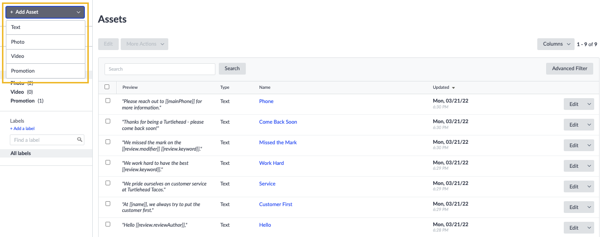 creating a Review Response Assets asset