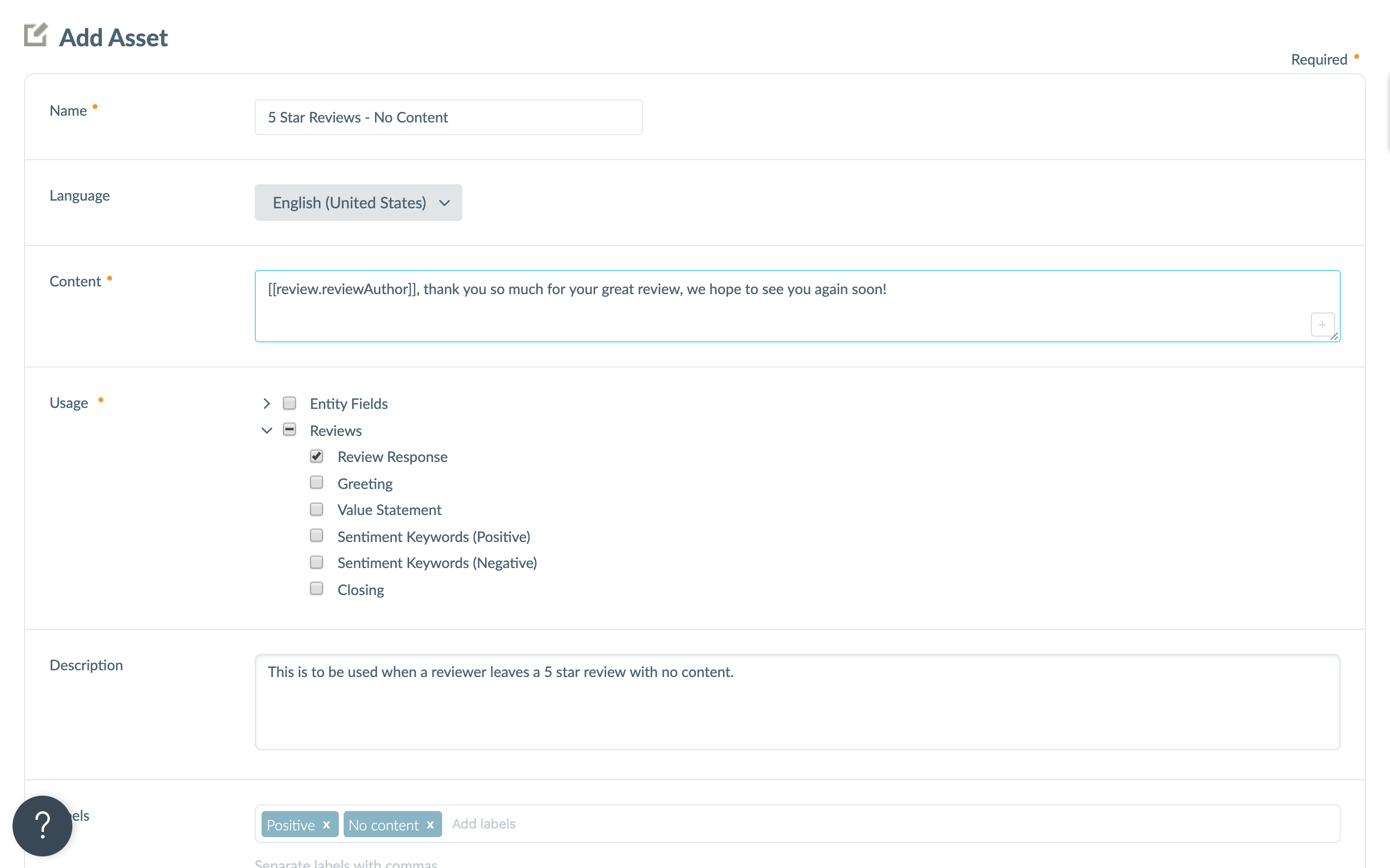 creating a templated review response asset settings