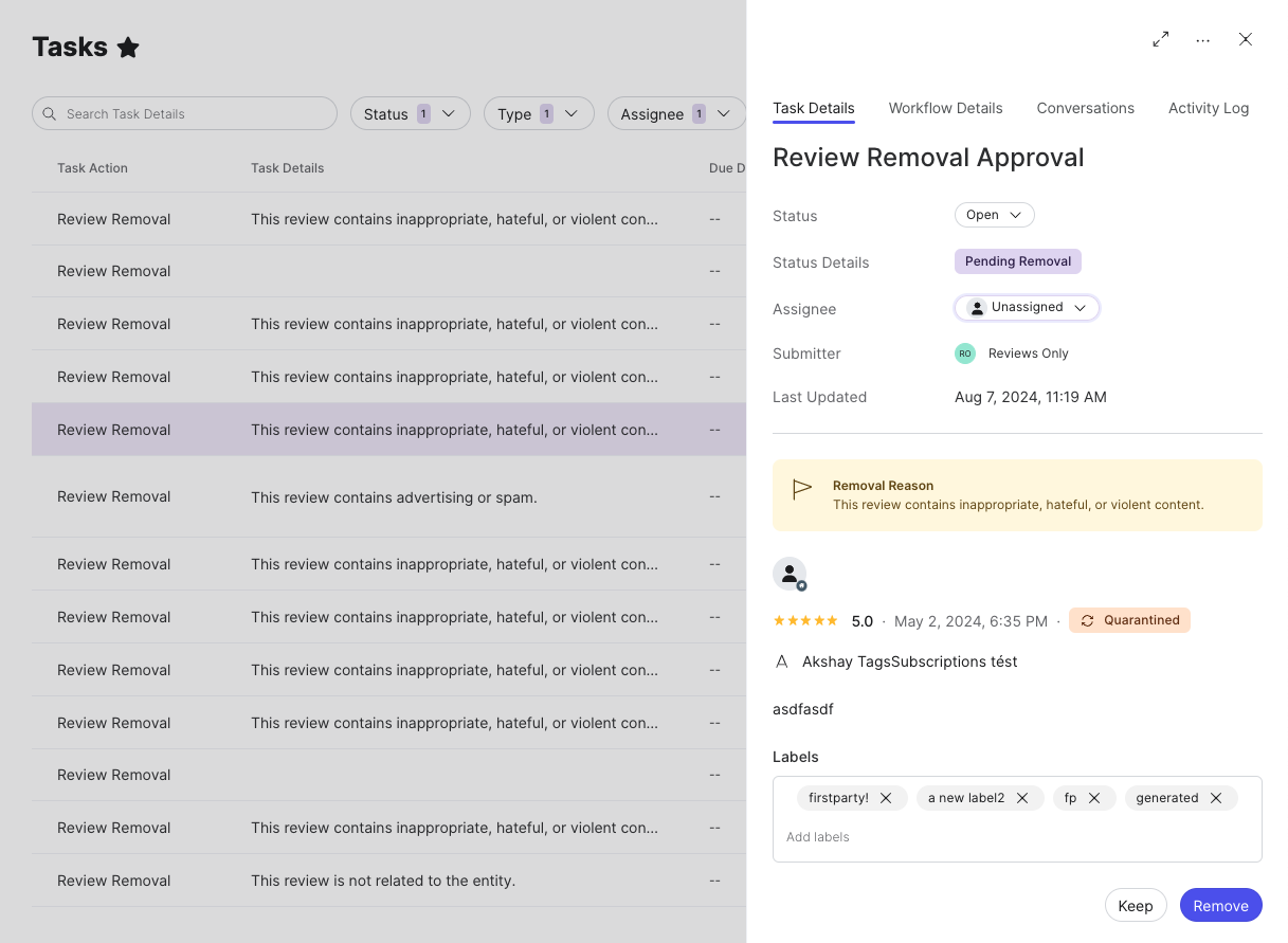 tasks inbox showing review removal approval task