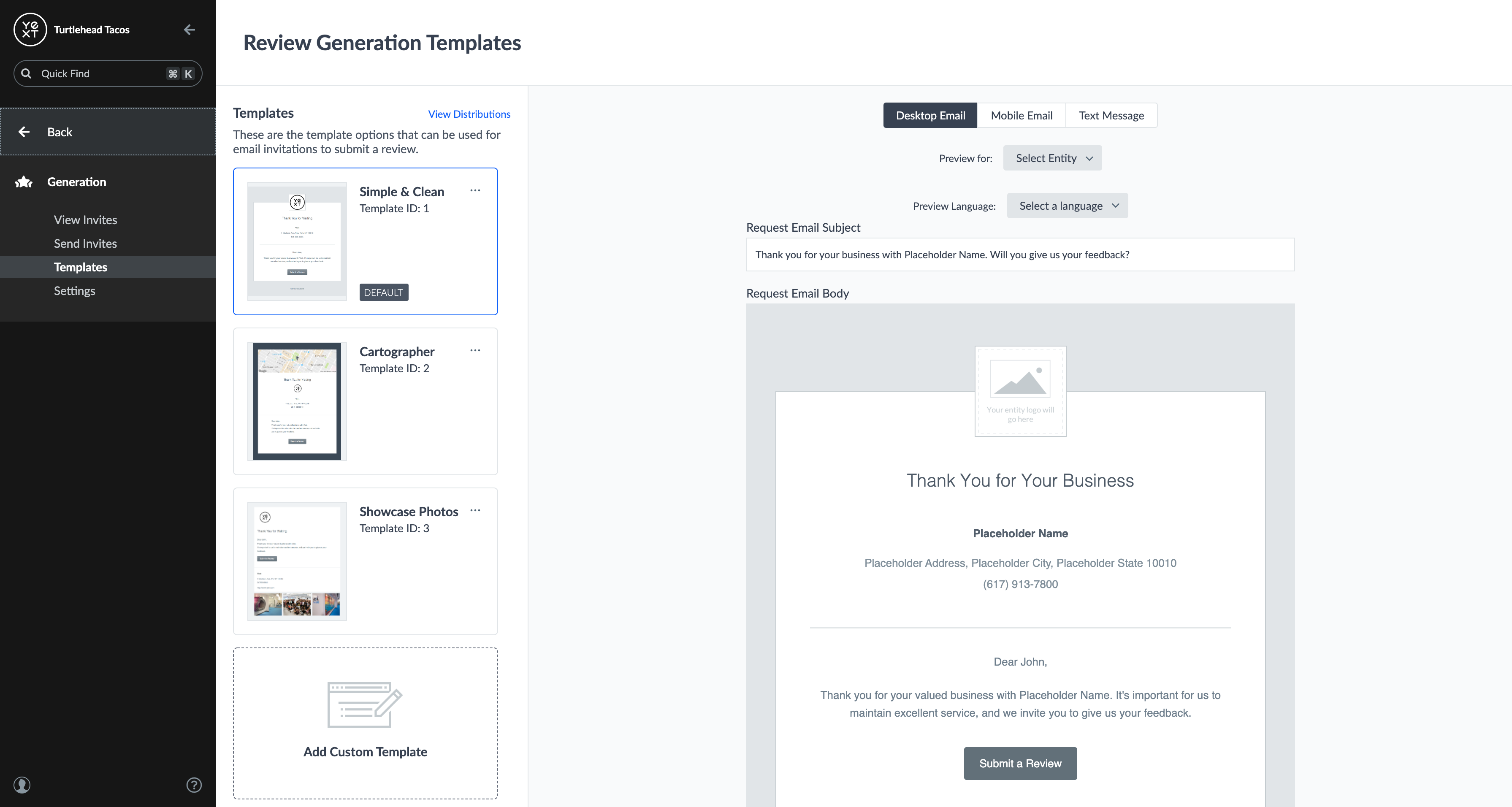 Configure review generation invitation templates