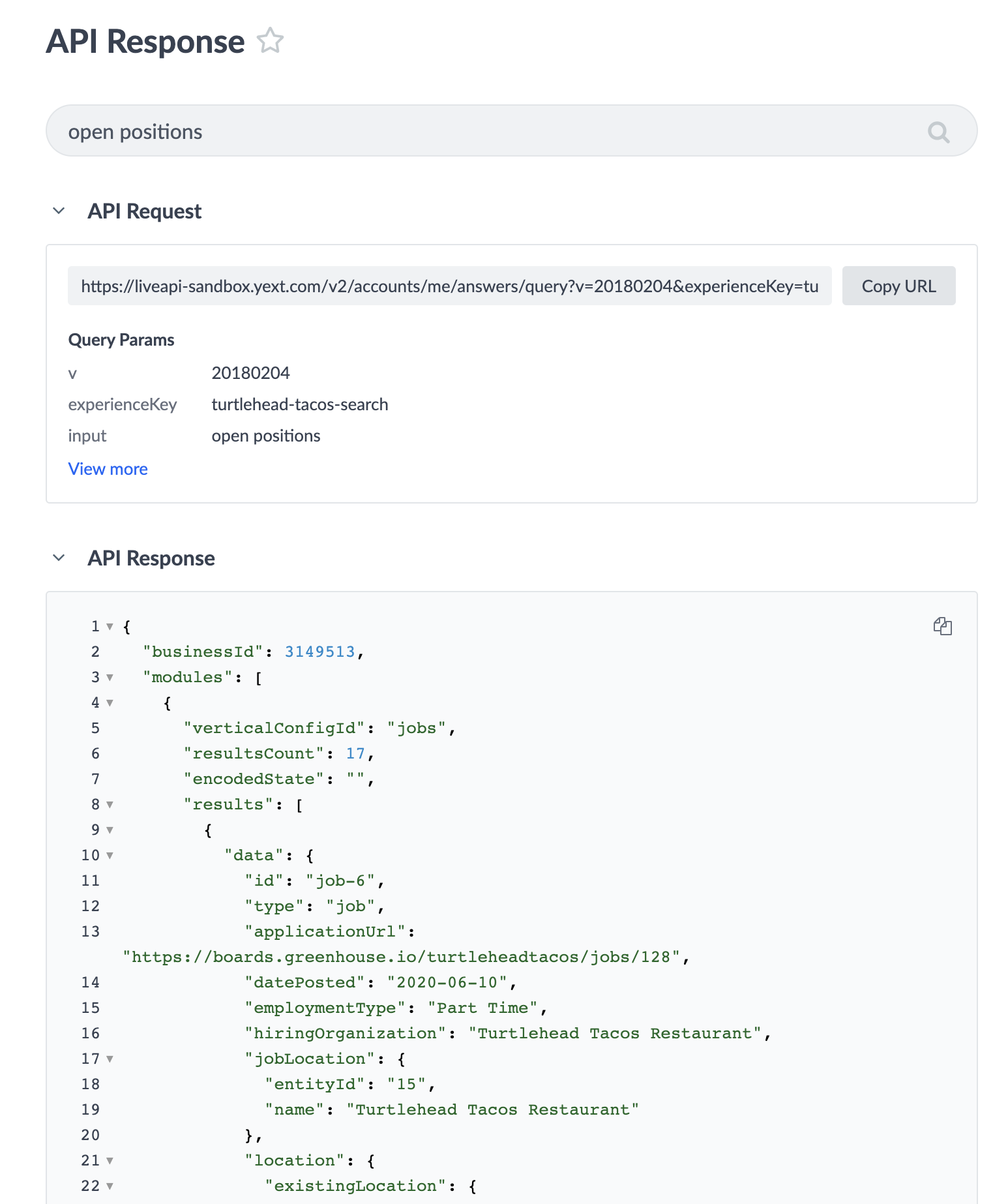 API Response in the platform via Test Search