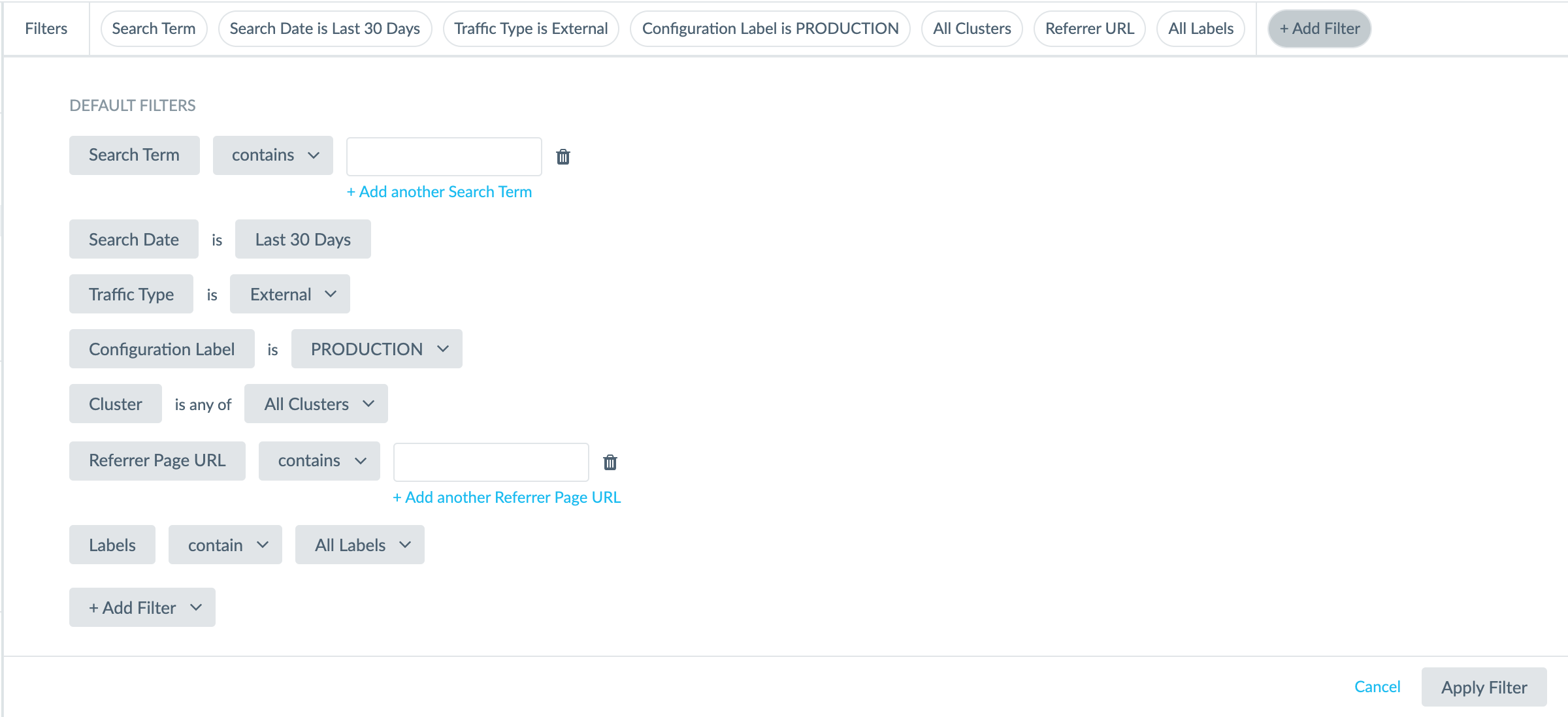 Search Term filtering window