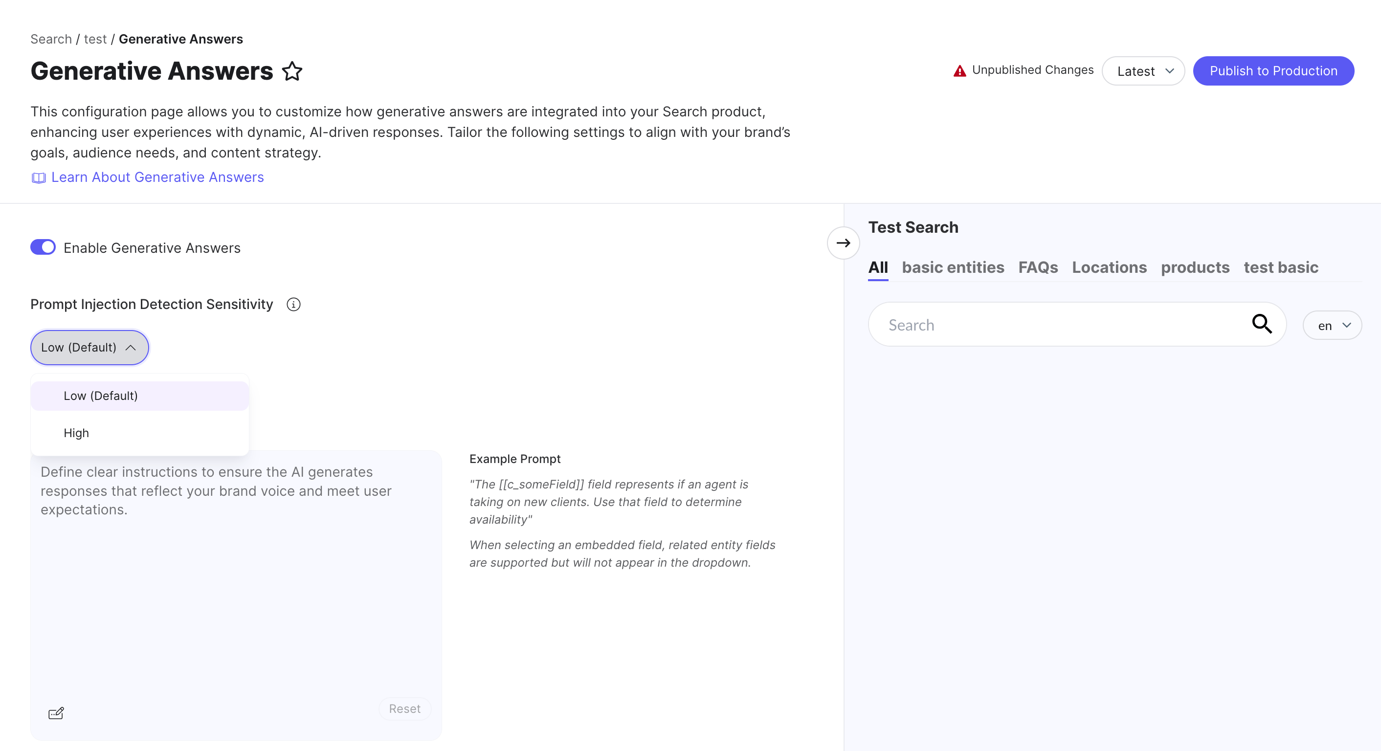 Generative Answers prompt injection detection sensitivity