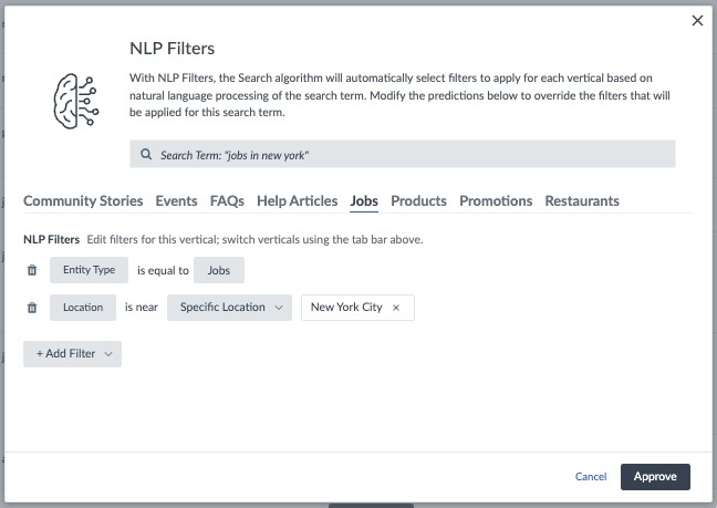 Experience Training modal for NLP Filters - jobs in New York example