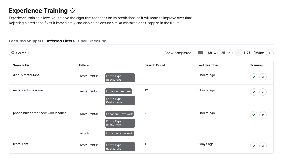 Experience Training screen for inferred Filters