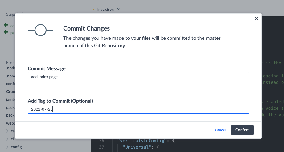 Commit Changes modal with message and tag inputted