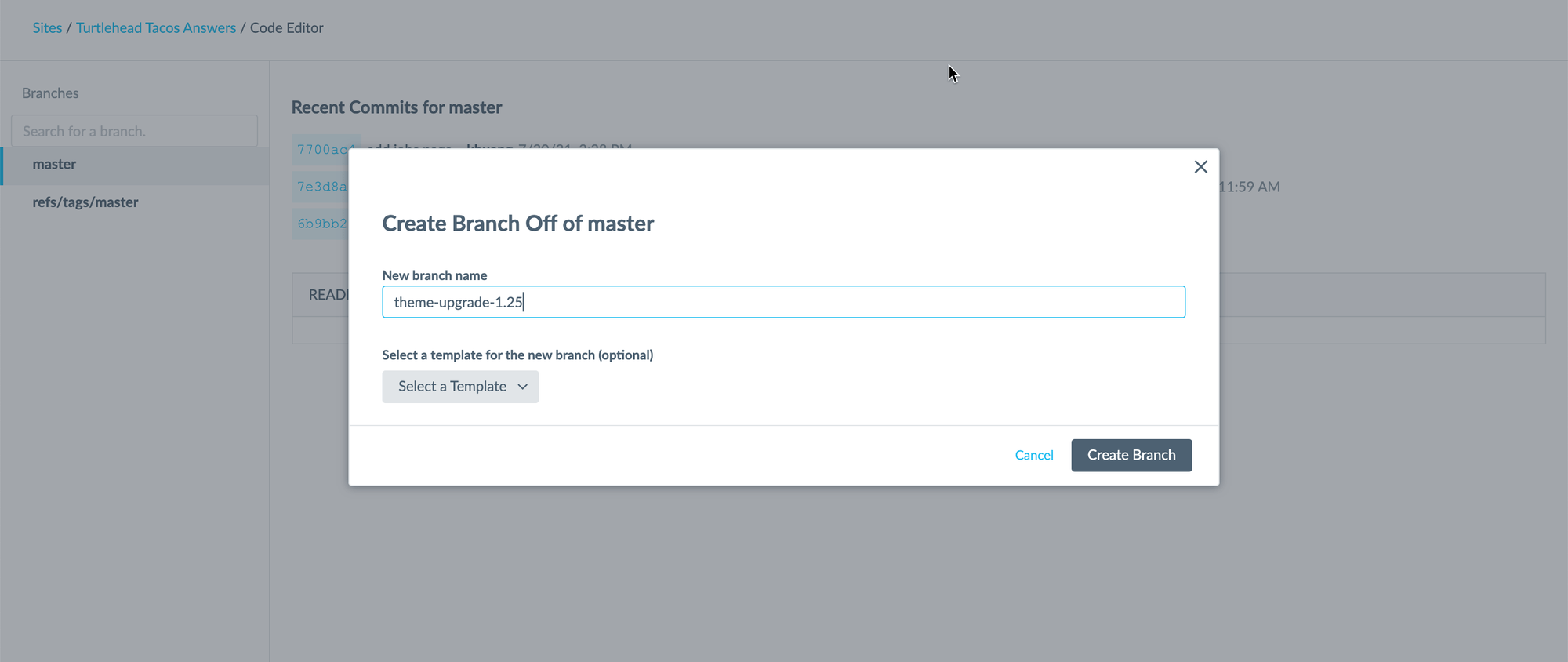 Create branch pop-up with box for New branch name filled in