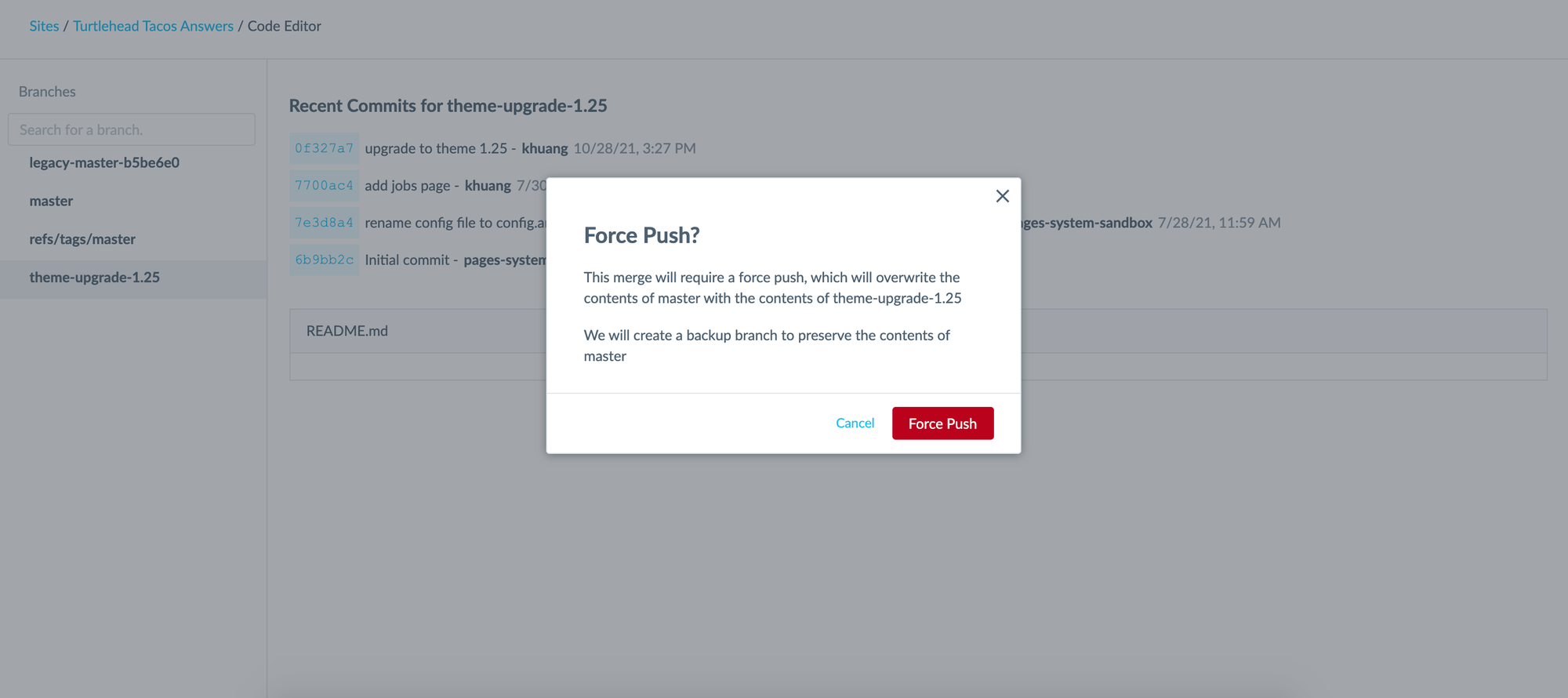 Force Push popup message