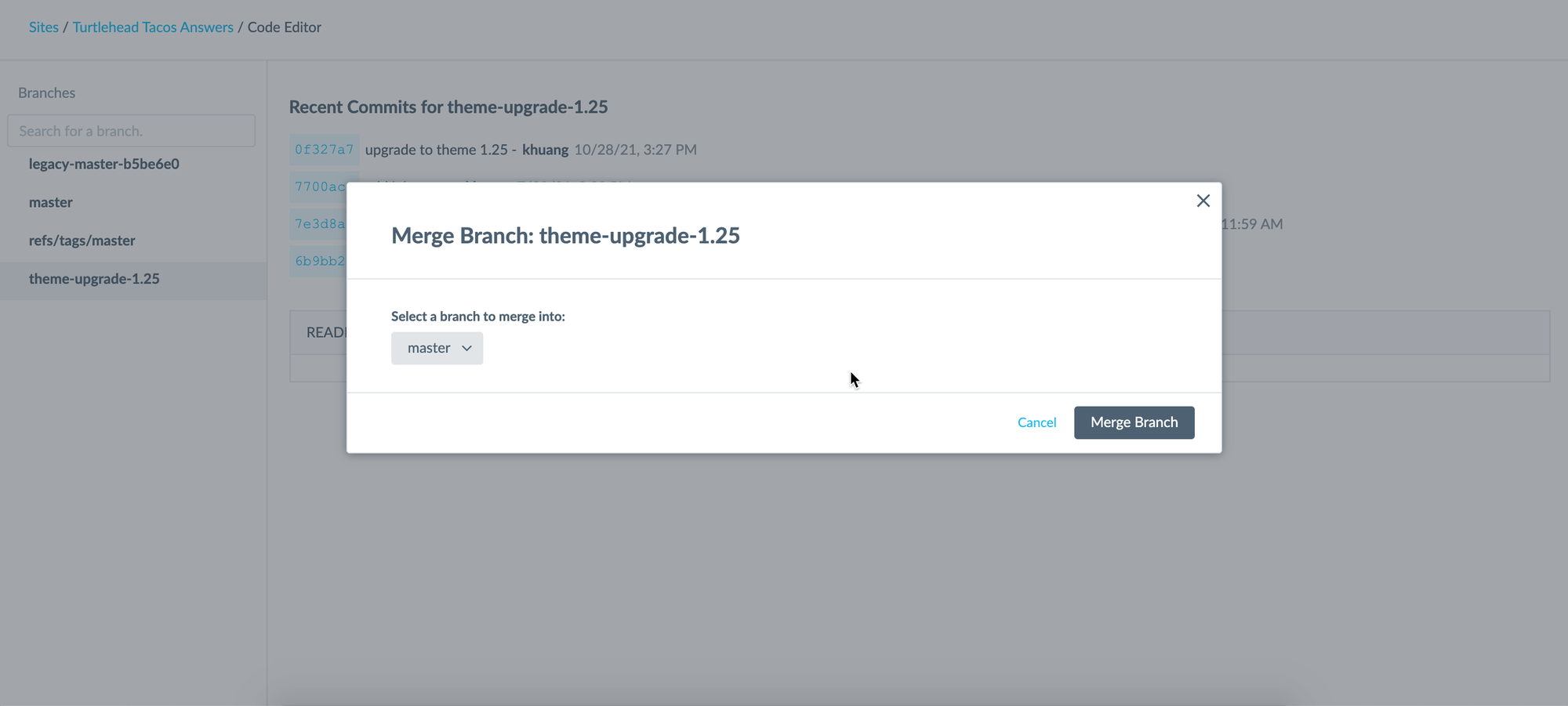 Merge Branch popup with master branch selected to merge into