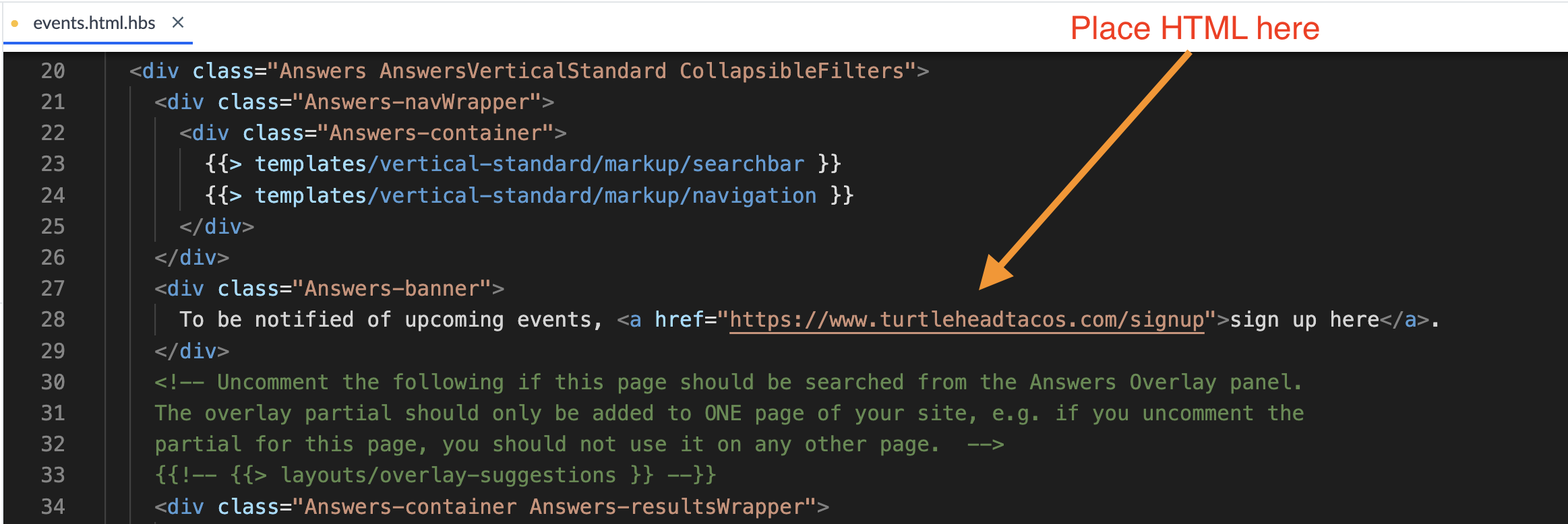 Alert banner html added to events Handlebars file