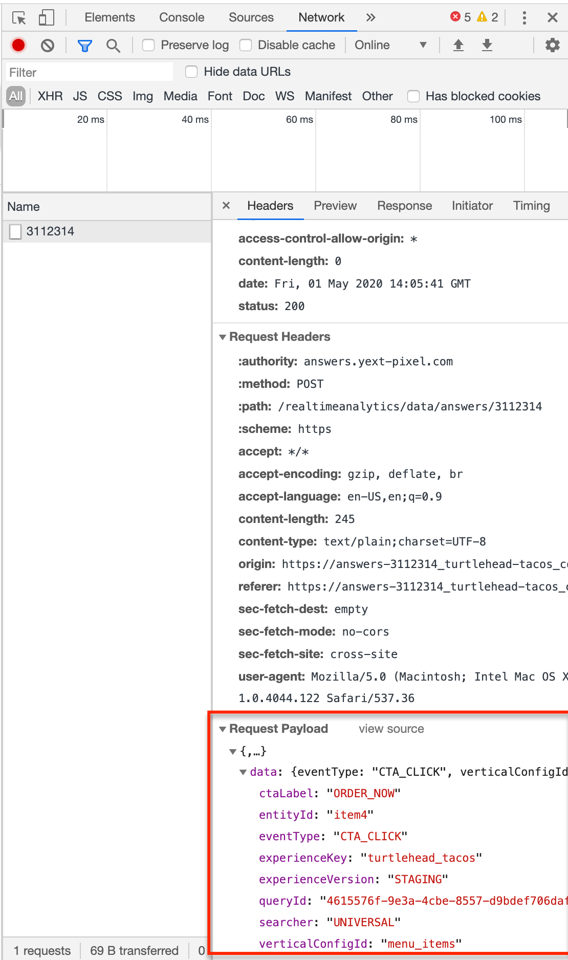 Network tab in inspect - view Request Payload data