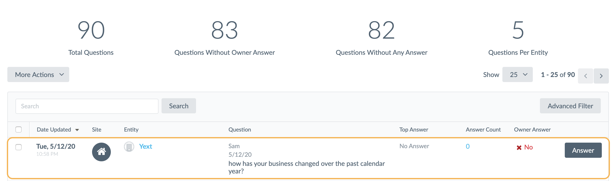 Q&A results on Reviews screen