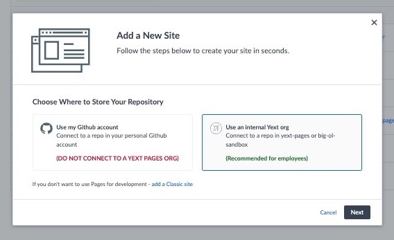 Add New Site Modal Store Repository with Yext Org