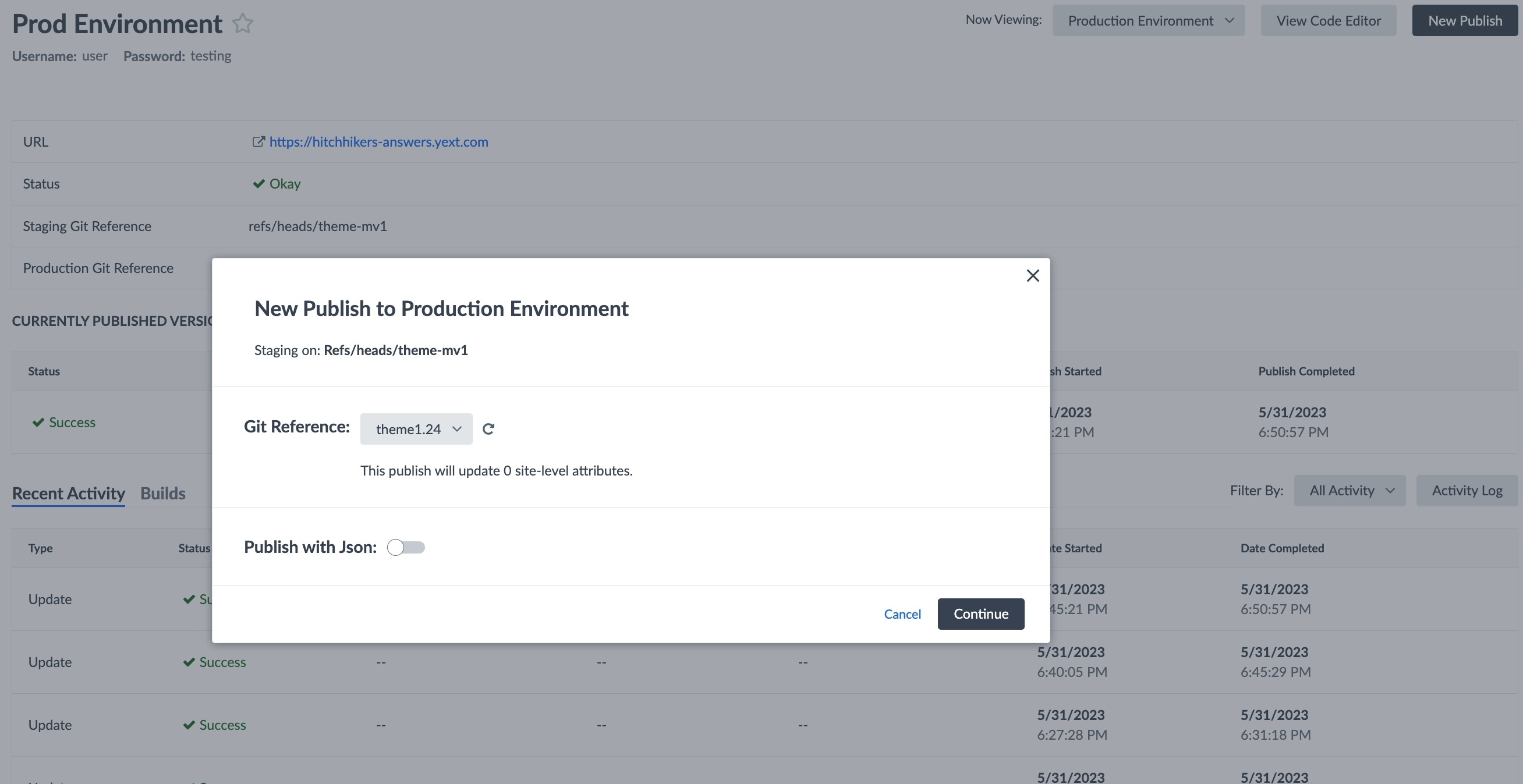 Publish to Production modal in Production Environment screen