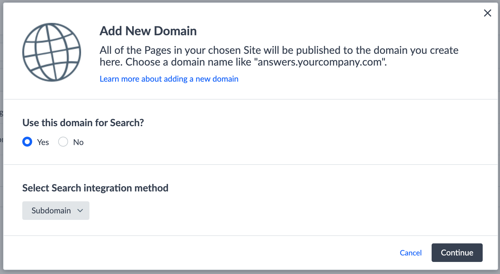 Add Domain Modal select integration method Subdomain