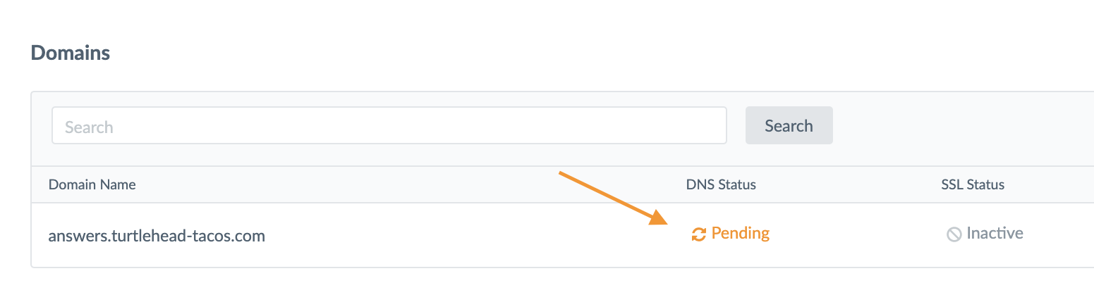 DNS status listed as pending for Subdomain Method