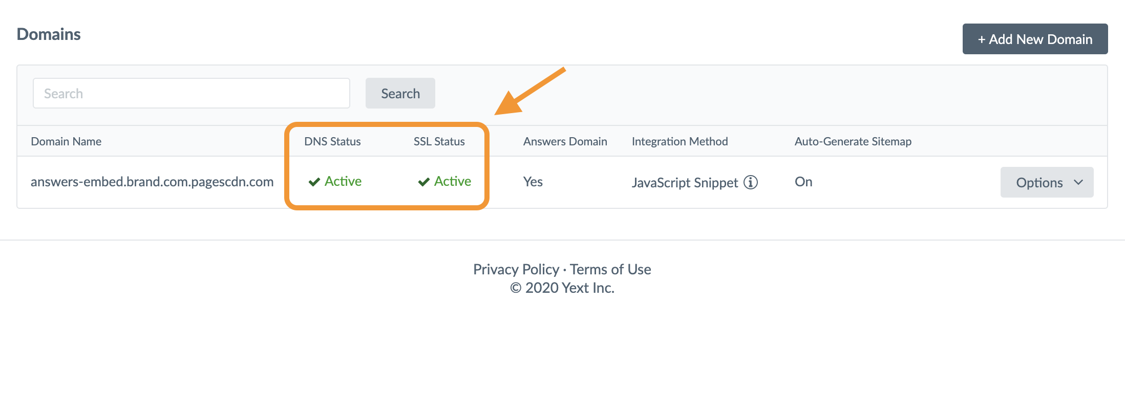 DNS and SSL status listed as active for JS Method