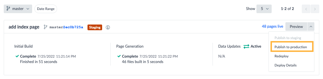 Pages deploy publish to production option in dropdown