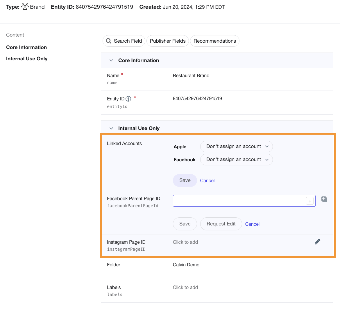 Brand entity with FB parent ID field