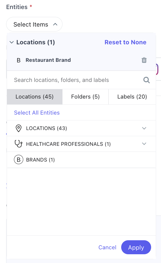 Brand entity selection with create a post modal